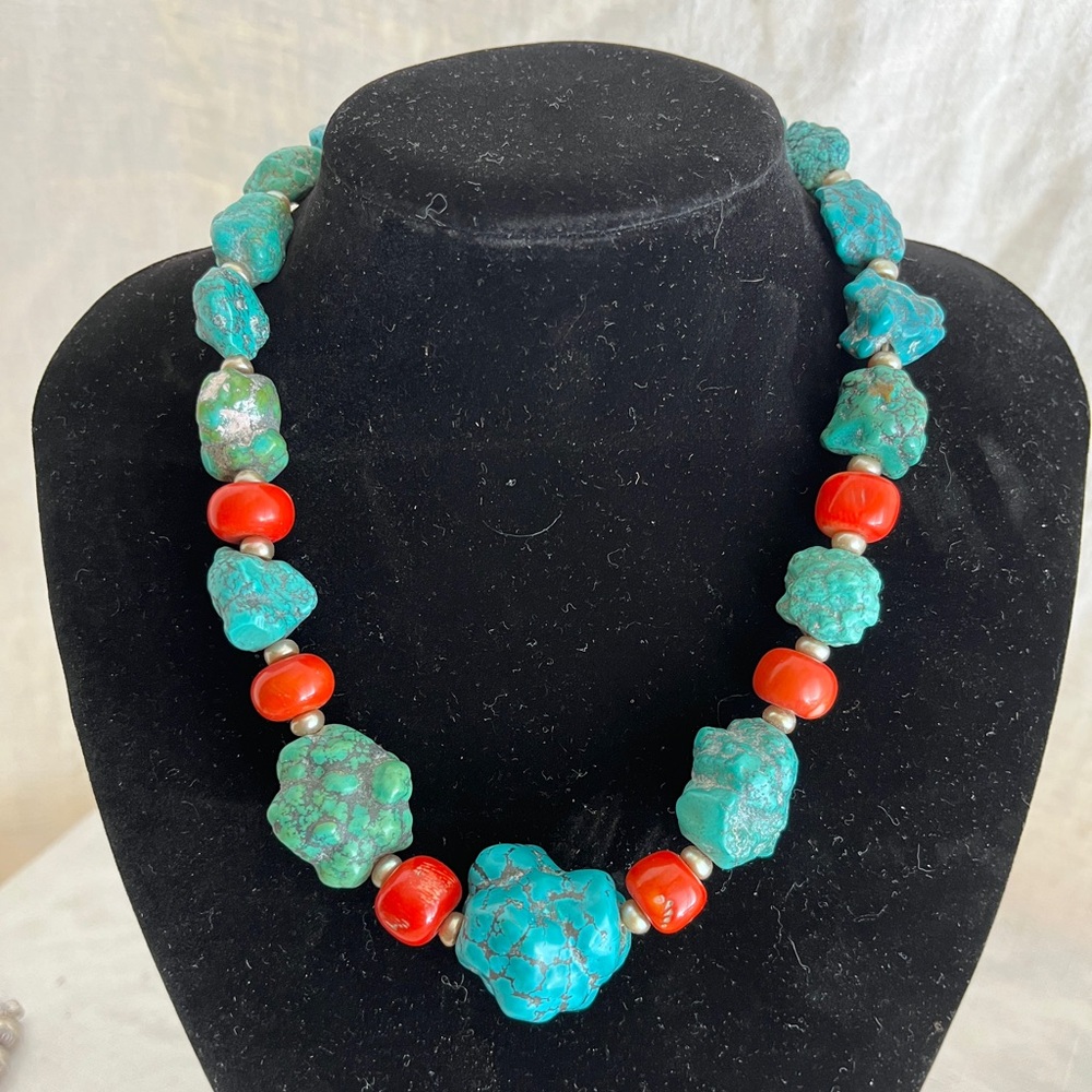 Chunky Vintage Turquoise and Coral Beaded Necklace